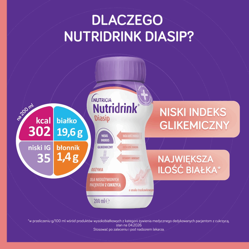 Nutridrink Diasip preparat odżywczy o smaku truskawkowym, 4 szt. x 200 ml