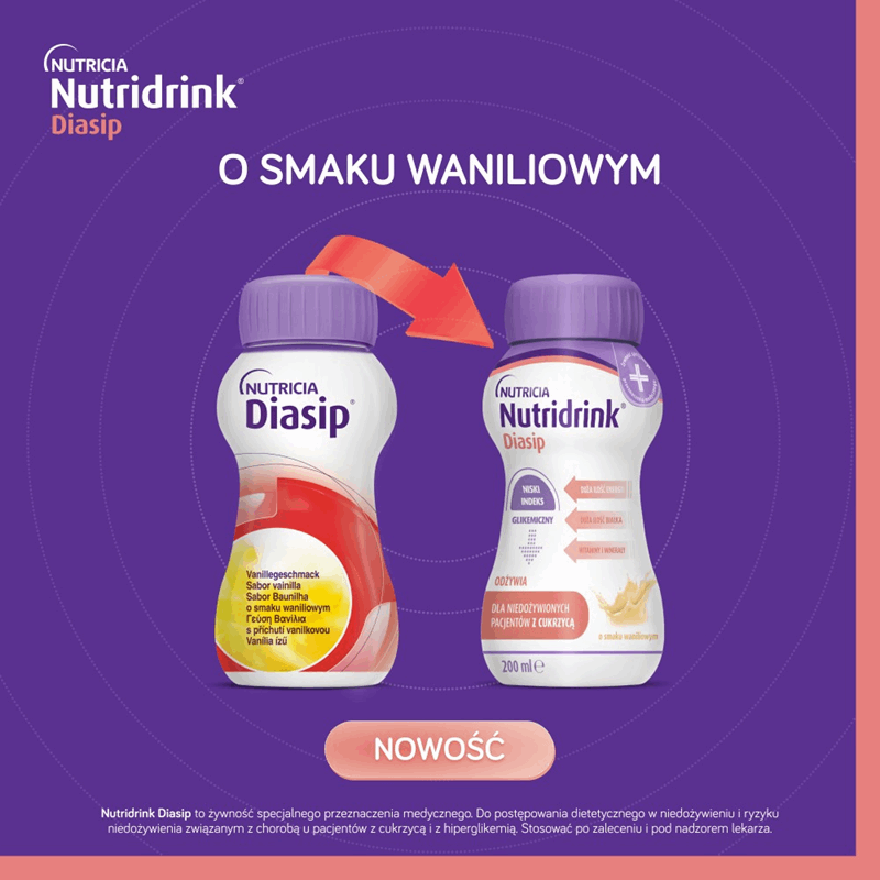 Nutridrink Diasip preparat odżywczy o smaku waniliowym, 4 szt. x 200 ml