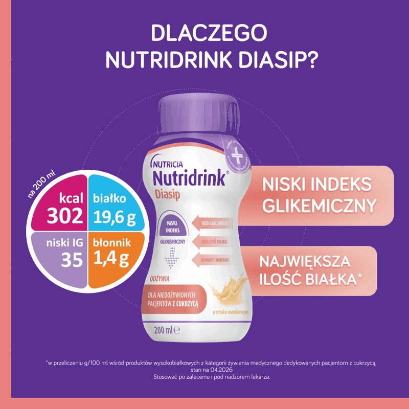 Nutridrink Diasip preparat odżywczy o smaku waniliowym, 4 szt. x 200 ml