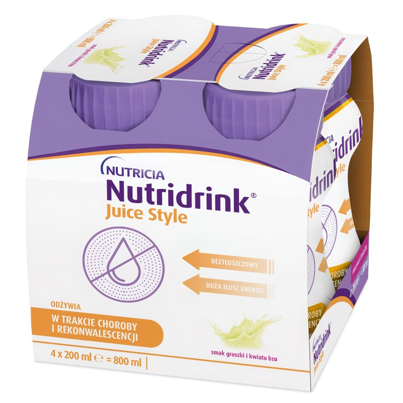 Nutridrink Juice Style Preparat odżywczy w płynie o smaku gruszki i kwiatu bzu, 4 x 200 ml