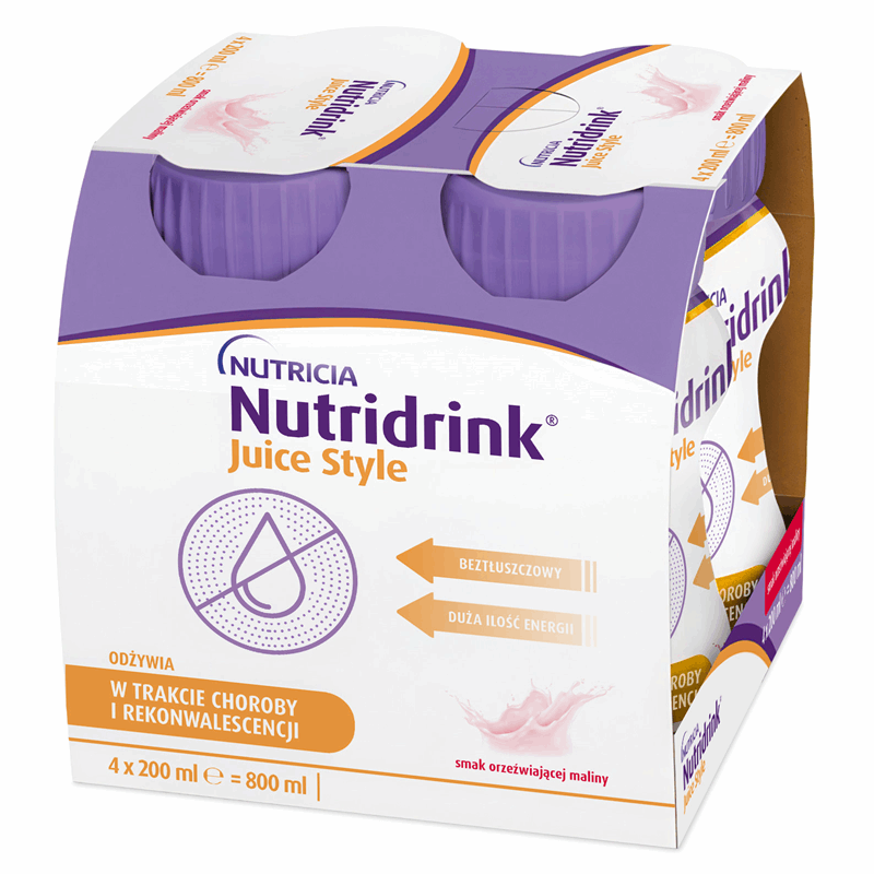 Nutridrink Juice Style Preparat odżywczy w płynie o smaku orzeźwiającej maliny, 4 x 200 ml