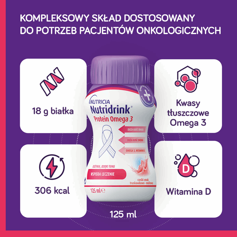 Nutridrink Protein Omega 3 preparat odżywczy o smaku truskawkowo-malinowym, 24 szt. x 125 ml