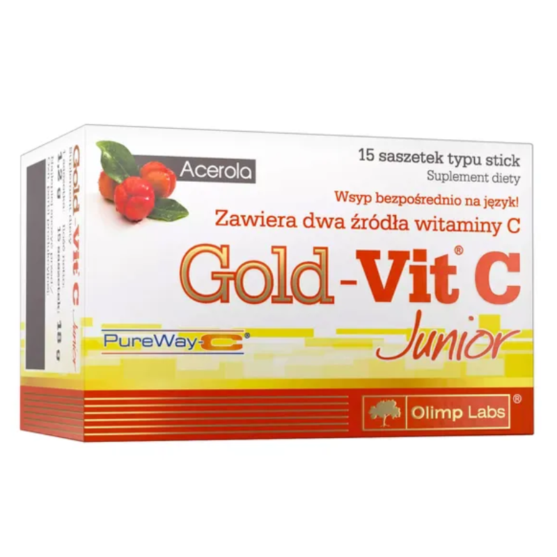 Olimp Gold-Vit C Junior saszetki z proszkiem o smaku malinowym, 15 szt.