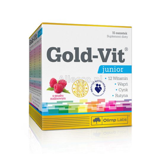 Olimp Gold-Vit Junior saszetki z proszkiem o smaku malinowym, 15 szt.