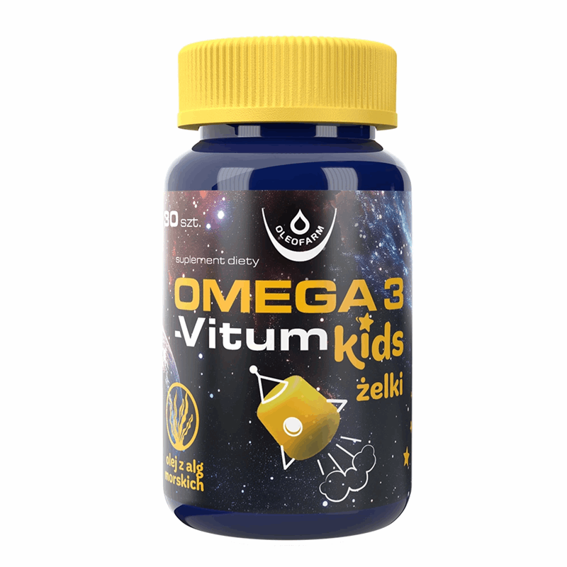 Cytrynowe żelki z kwasami omega-3 DHA i EPA z oleju z mikroalg, do codziennego uzupełniania diety dzieci od 3 lat i dorosłych.