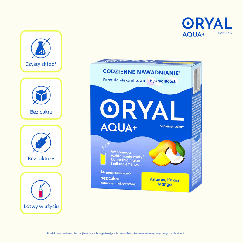 Oryal Aqua+ saszetki o smaku ananas-kokos-mango, 14 szt.
