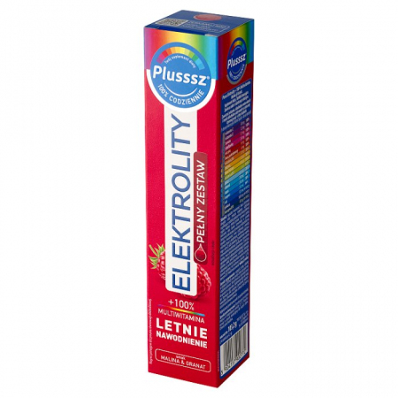 Plusssz Elektrolity + 100% Multiwitamina tabletki musujące smak malina i granat, 24 szt.