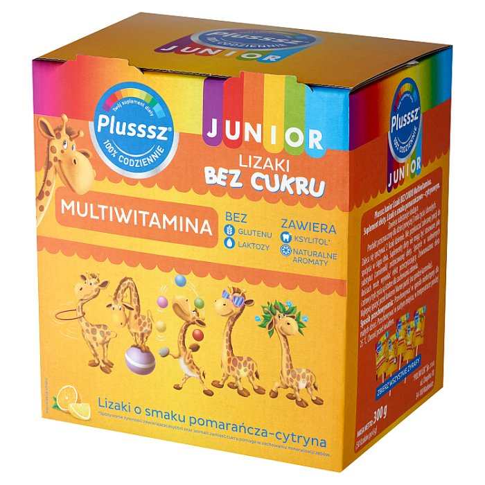 Plusssz Junior lizaki multiwitamina bez cukru smak pomarańczowo-cytrynowy, 50 szt.