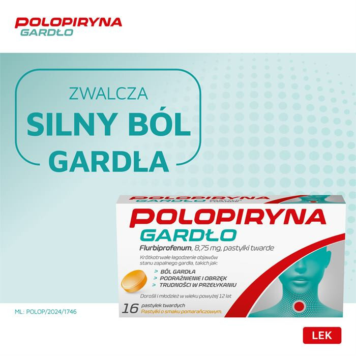 Polopiryna Gardło 16 pastylek twardych o smaku pomarańczowym