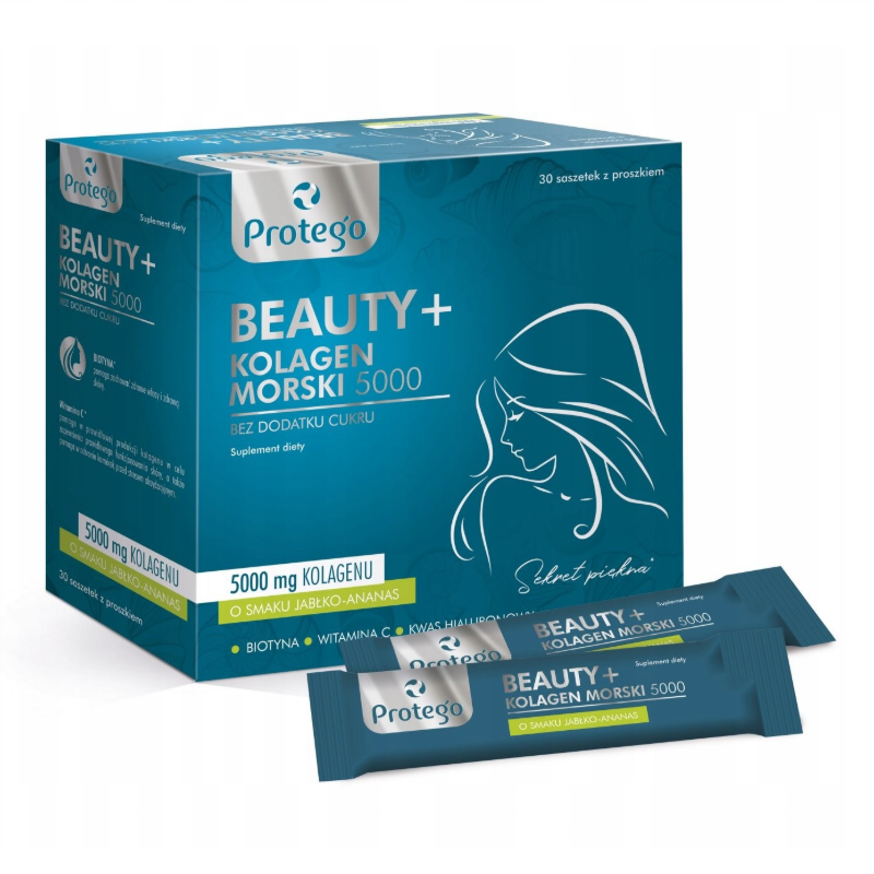Protego Beauty+ Kolagen morski 5000 mg saszetki z proszkiem o smaku jabłko-ananas, 30 szt.