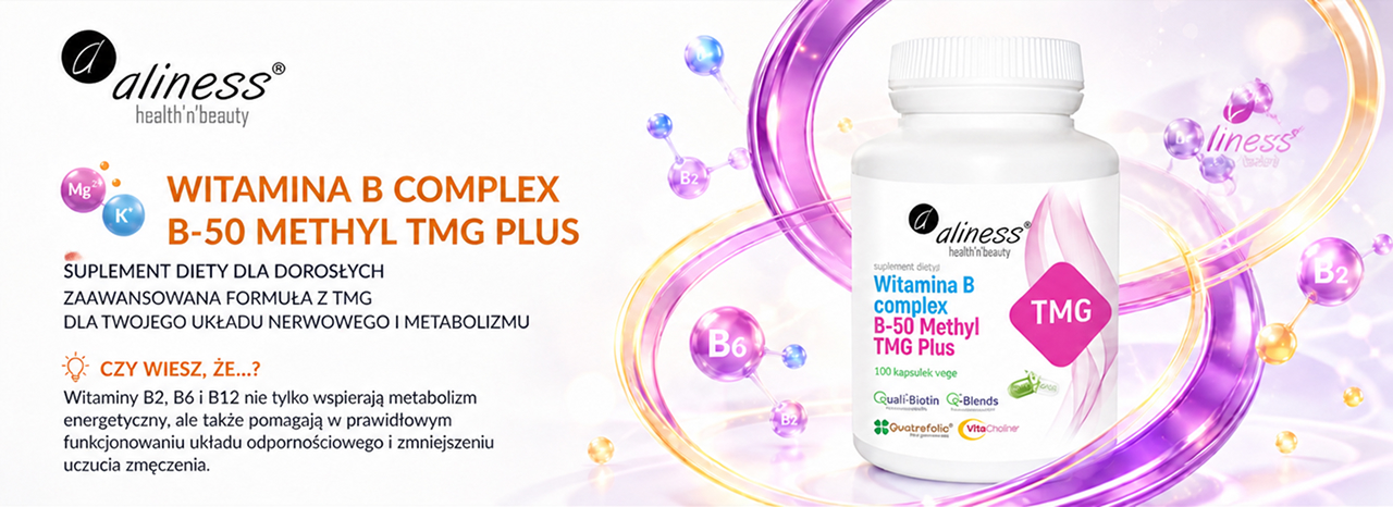Baner Aliness Witamina B Complex B-50 Methyl TMG Plus: butelka 100 kapsułek i wstęgi magenty