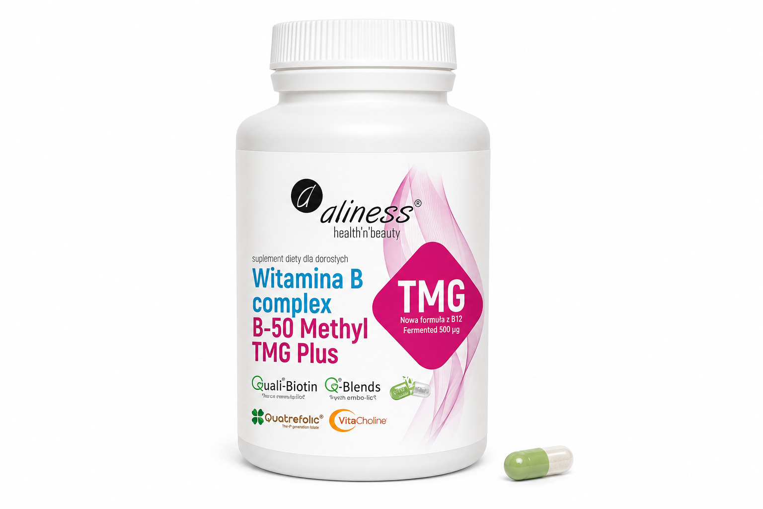 Butelka Aliness Witamina B Complex B-50 Methyl TMG Plus, 100 kapsułek, i jedna kapsułka roślinna