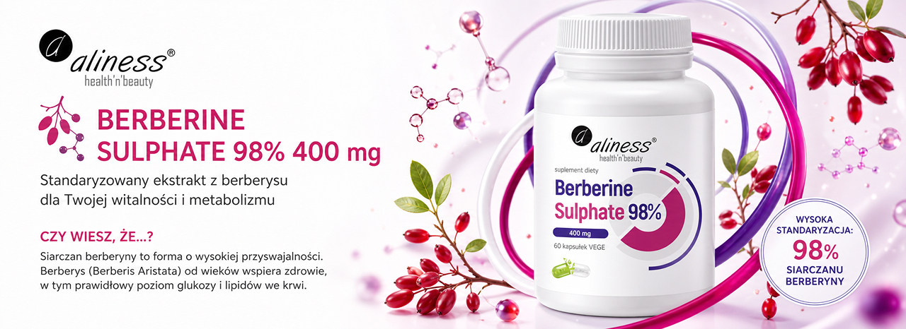 Aliness Berberine Sulphate 98% 400 mg, 60 kapsułek VEGE, suplement diety