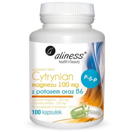 Opakowanie Aliness Cytrynian Magnezu 100 mg z potasem oraz B6, 100 kapsułek