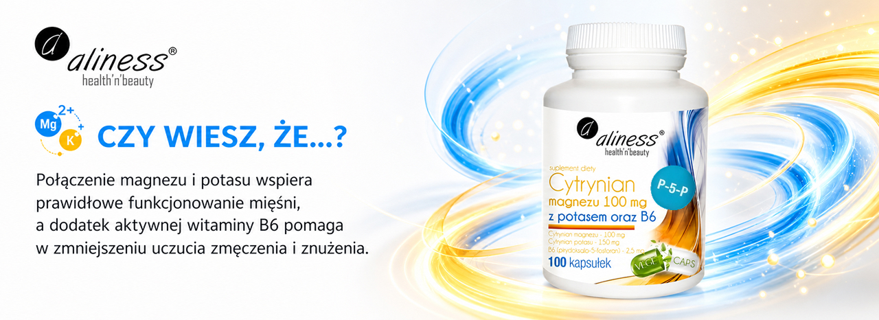 Aliness Cytrynian Magnezu 100 mg z potasem oraz B6, opakowanie 100 kapsułek