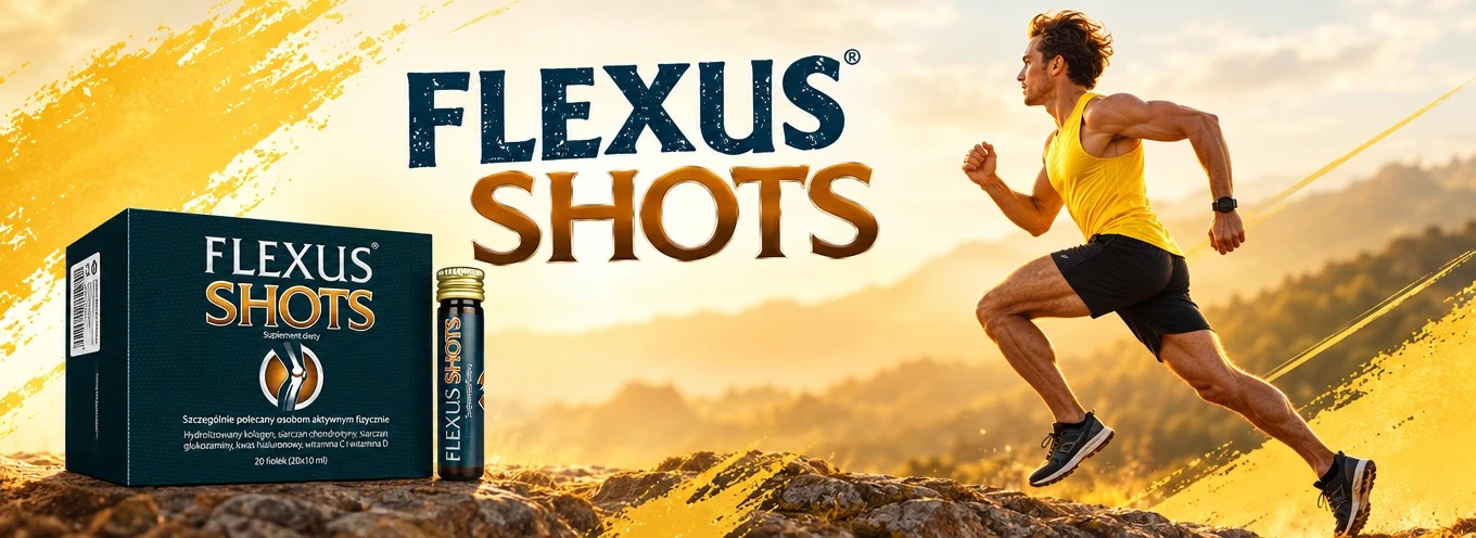 Opakowanie Flexus Shots, 20 fiolek płynu doustnego oraz postać biegacza w plenerze