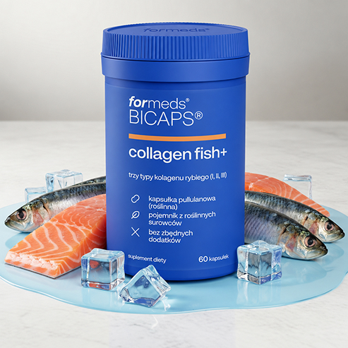 Słoik Bicaps Collagen Fish+ wśród ryb i lodu