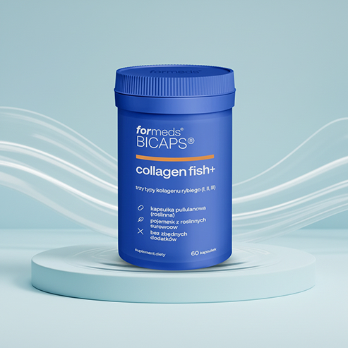 Słoik Bicaps Collagen Fish+ na jasnoniebieskim podeście