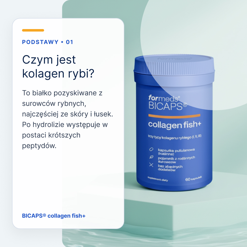 Karta: czym jest kolagen rybi. Białko z surowców rybnych, po hydrolizie w postaci krótszych peptydów. Obok słoik Bicaps Collagen Fish+.