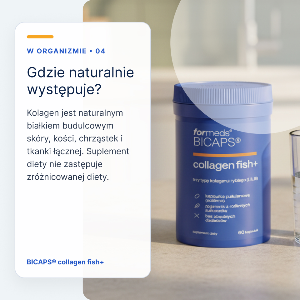 Karta o tym, gdzie kolagen występuje w organizmie, oraz dopisek, że suplement diety nie zastępuje zróżnicowanej diety. Obok słoik Bicaps Collagen Fish+.