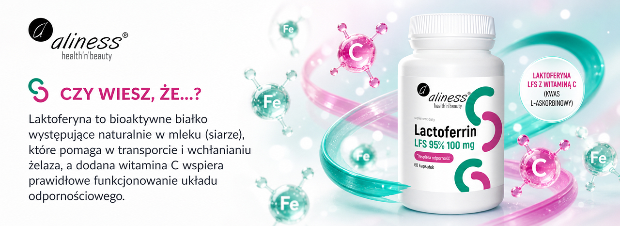 Aliness Lactoferrin LFS 95% 100 mg, 60 kapsułek — suplement diety z laktoferyną LFS 95% i witaminą C