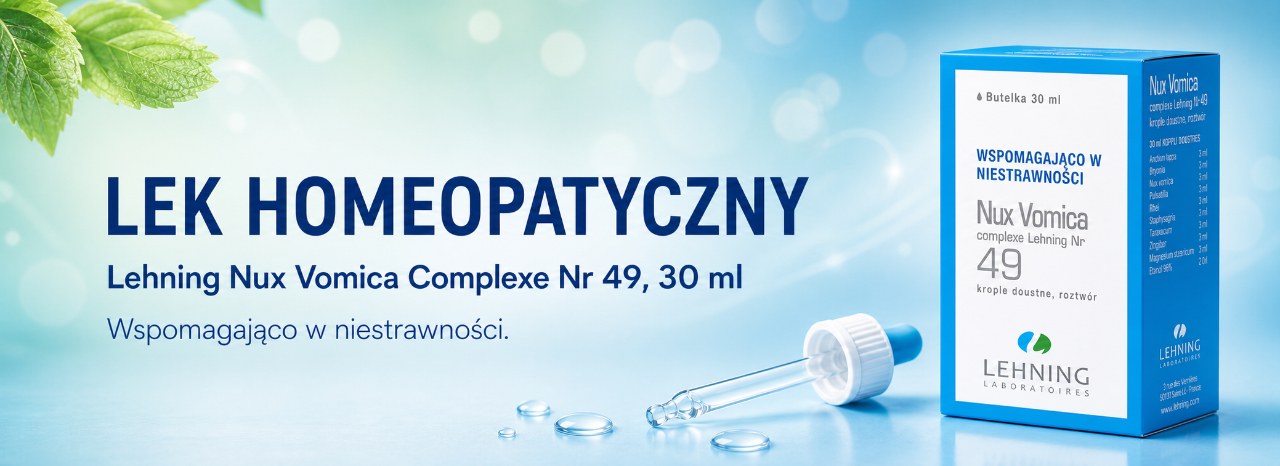 Butelka Lehning Nux Vomica Complexe Nr 49 w niebieskim pudełku obok szklanej pipety z kroplomierzem, na jasnoniebieskim tle z bokeh
