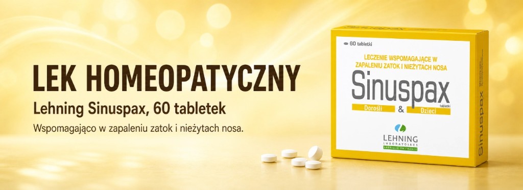Lehning Sinuspax 60 tabletek — pudełko leku i tabletki na ciepłym tle