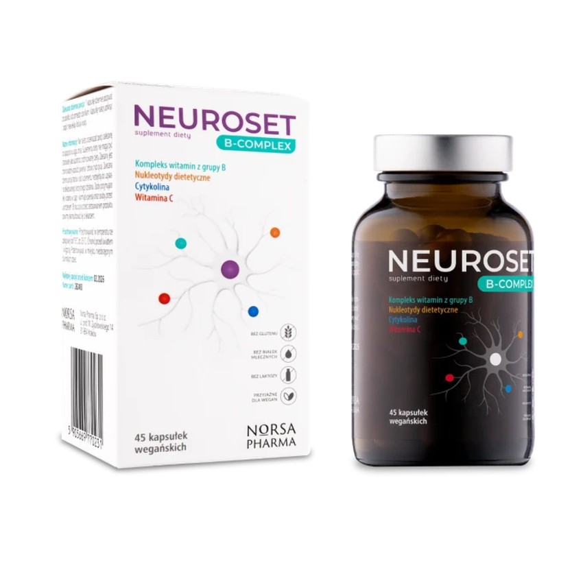 Białe pudełko Neuroset B-Complex 45 szt. z paskiem akcentu.