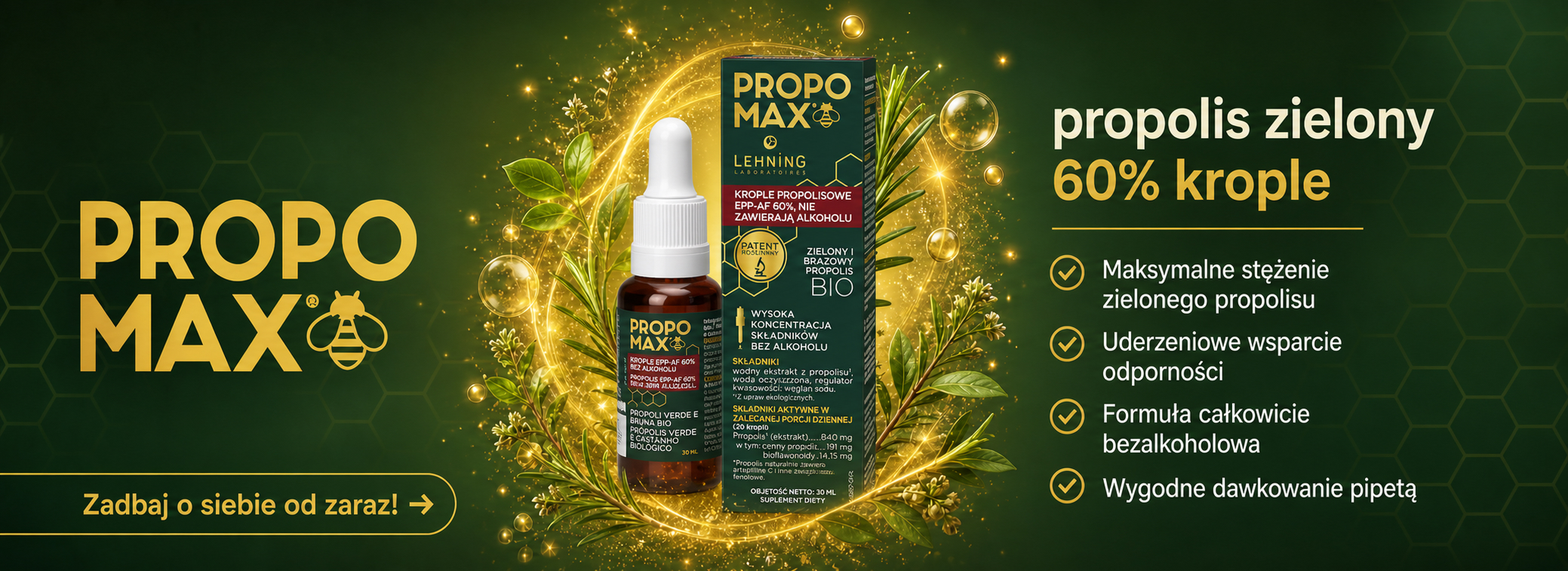 Lehning Propomax Brazylijski propolis zielony krople 60% bez alkoholu 30 ml