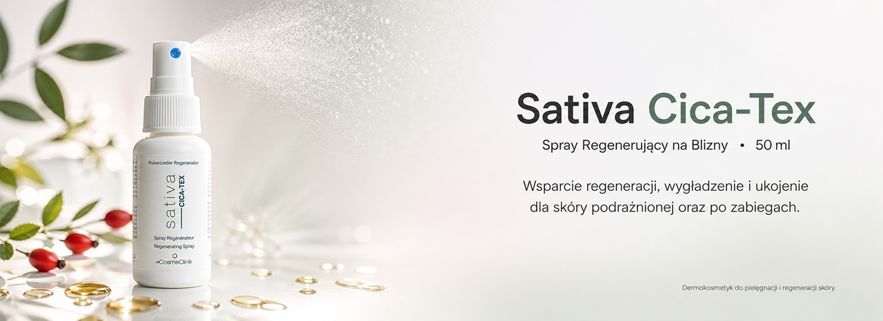 Baner Sativa Cica-Tex: butelka sprayu regenerującego na blizny 50 ml wśród owoców dzikiej róży