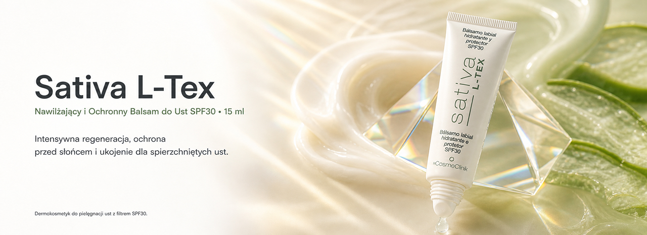 Baner Sativa L-Tex: tubka balsamu do ust SPF30 15 ml wśród liści aloesu i kremowej tekstury