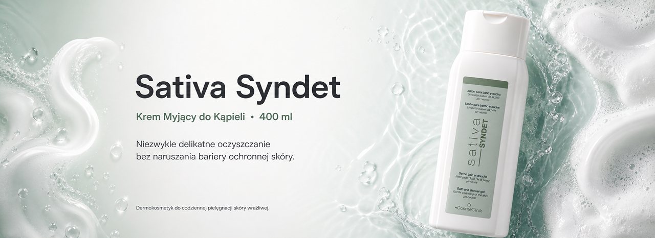 Baner Sativa Syndet: butelka kremu myjącego do kąpieli 400 ml wśród szałwiowej piany