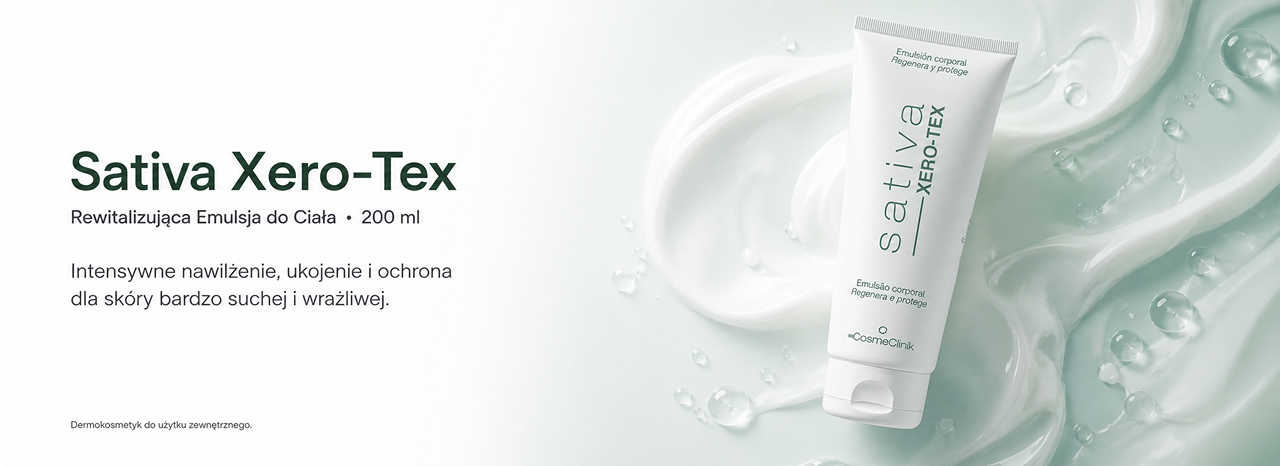 Baner Sativa Xero-Tex: tuba emulsji rewitalizującej do ciała 200 ml na tle kremowej tekstury