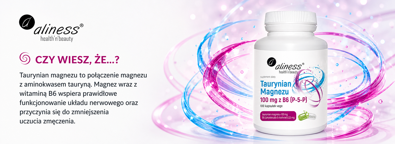 Baner Aliness Taurynian Magnezu: butelka 100 kapsułek vege, magnez 100 mg z B6 P-5-P