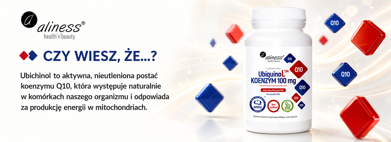 Baner Aliness UbiquinoL 100 mg: butelka 60 kapsułek roślinnych wśród niebieskich i czerwonych rombów Q10