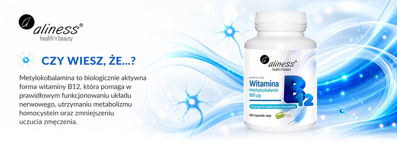 Baner Aliness Witamina B12 Methylcobalamin 950 µg: butelka 100 kapsułek na błękitnym tle