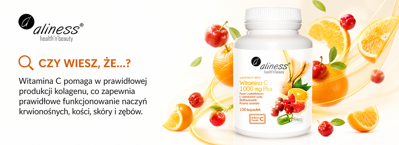 Baner Aliness Witamina C 1000 mg Plus: butelka 100 kapsułek wśród cytrusów i aceroli