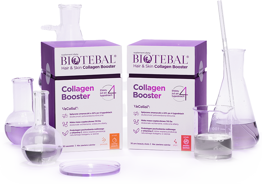 Opakowania Biotebal Collagen Booster z kolbami laboratoryjnymi