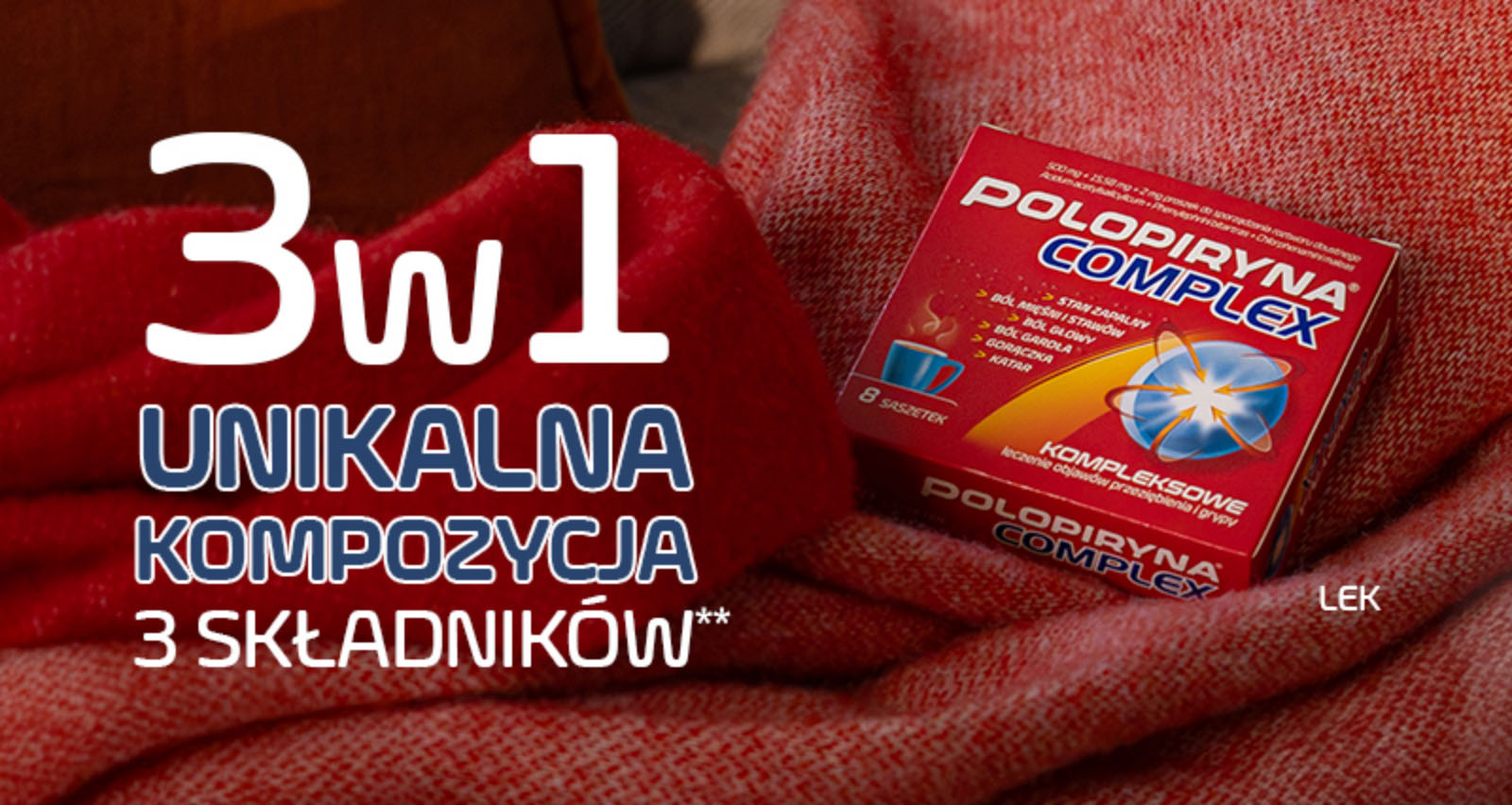 opakowanie Polopiryna Complex, z napisem '3w1 unikalna kompozycja 3 składników**'