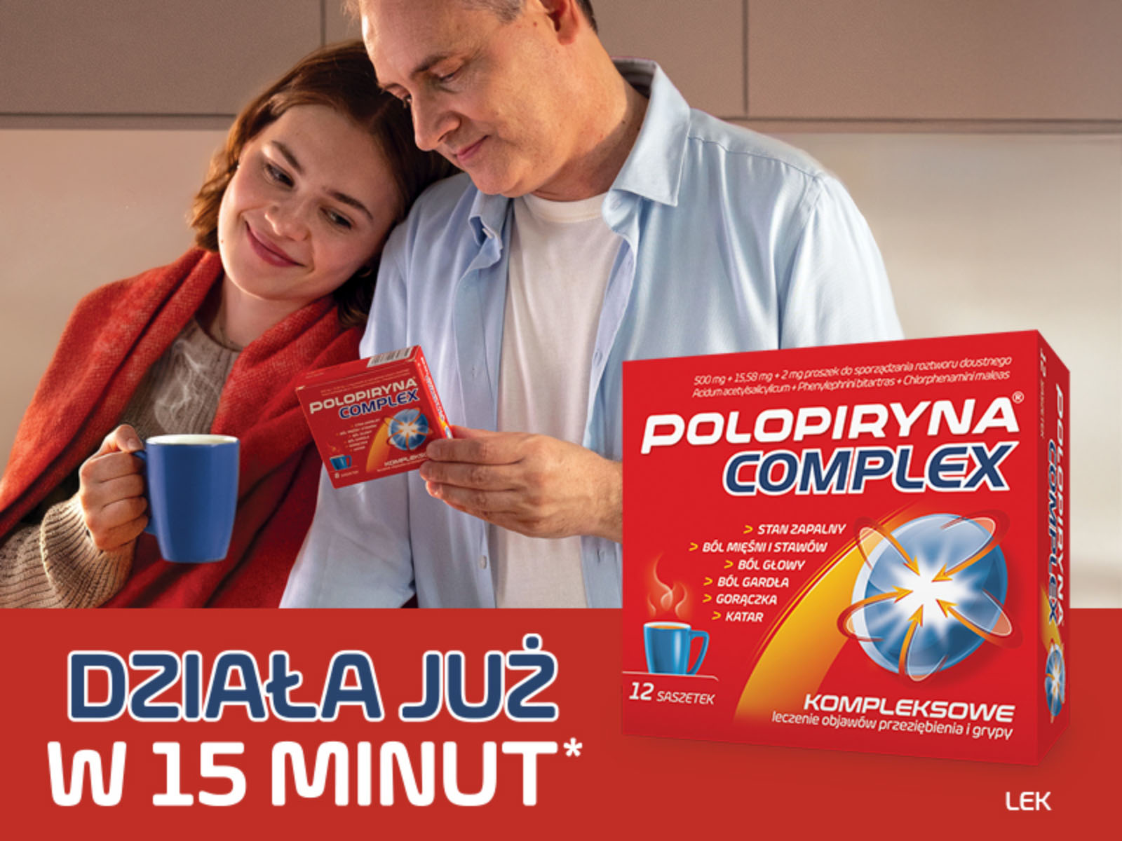 opakowanie Polopiryna Complex, podpisane 'Działa już w 15 minut*' 
