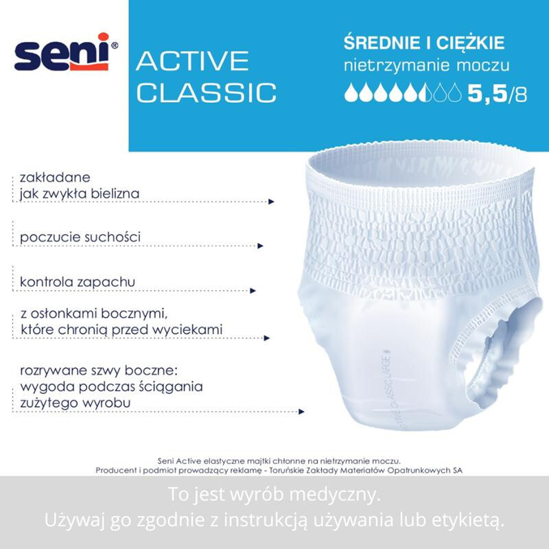 SENI ACTIVE CLASSIC XL Majtki chłonne (120-160cm) 10 szt.