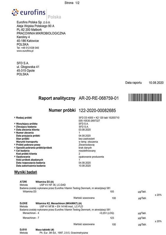 SFD D3 4000 IU + K2 120 tabletek