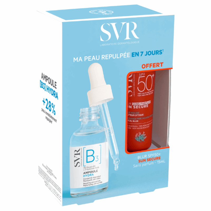SVR Zestaw (B3 Ampoule Hydra serum, 30 ml + Sun Secure Blur SPF50+ Sans Parfum krem-mus, 15 ml), 1 szt.