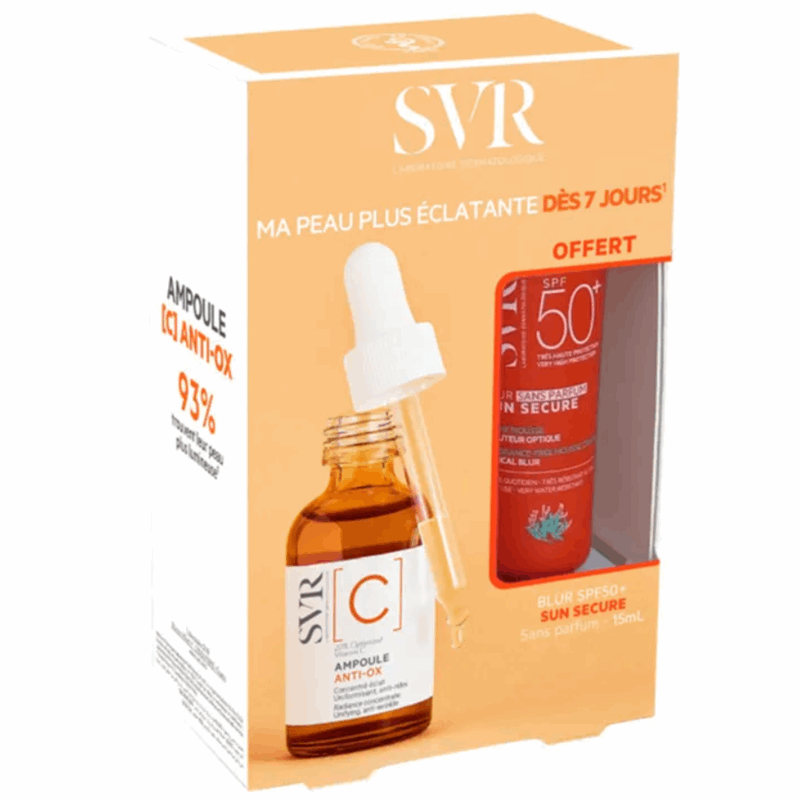 SVR Zestaw (C Ampoule Anti-Ox koncentrat, 30 ml + Sun Secure Blur SPF50+ Sans Parfum krem-mus, 15 ml), 1 szt.