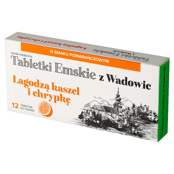 Tabletki Emskie z Wadowic o smaku pomarańczowym na kaszel i chrypkę, 12 szt.