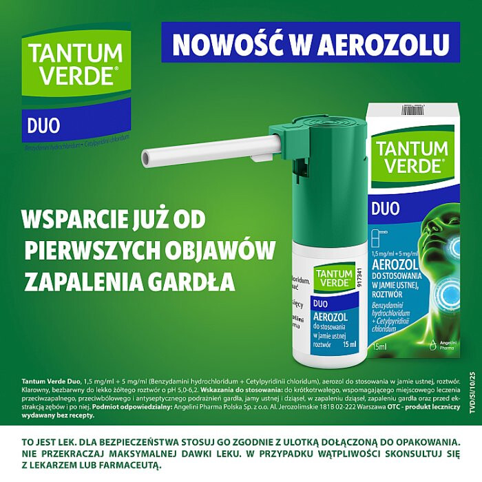 Tantum Verde Duo 1,5 mg/ml + 5 mg/ml aerozol do stosowania w jamie ustnej, 15 ml