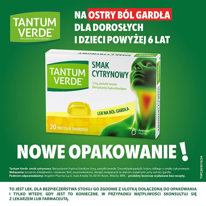 Tantum Verde pastylki na ból gardła o smaku cytrynowym, 20 szt.