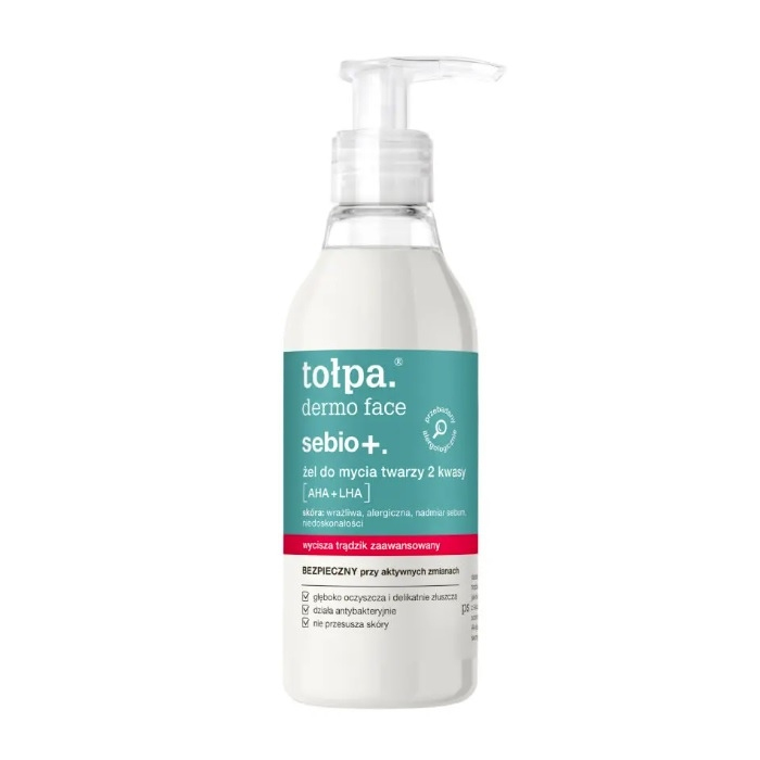 Tołpa Dermo Face Sebio+ żel do mycia twarzy 2 kwasy AHA + LHA, 195 ml