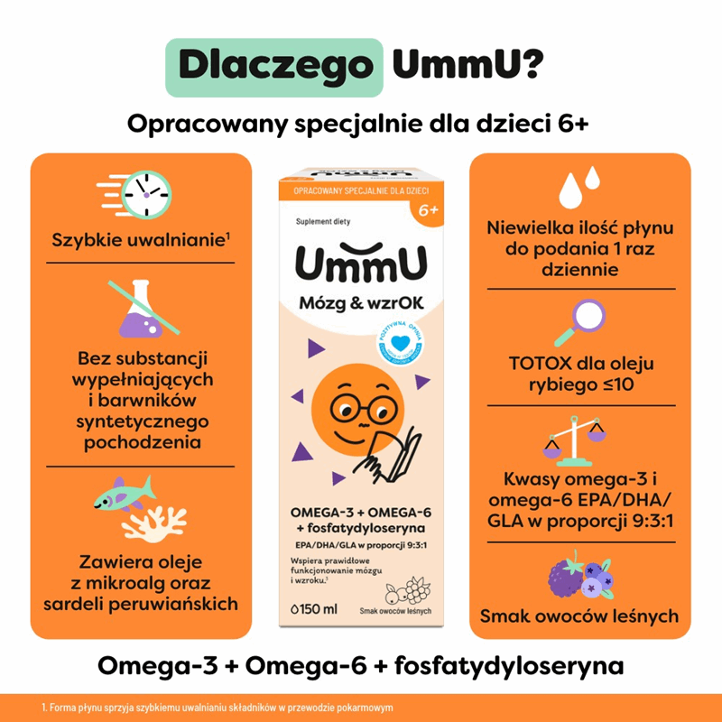 UmmU Mózg & Wzrok 6+ płyn o smaku owoców leśnych, 150 ml