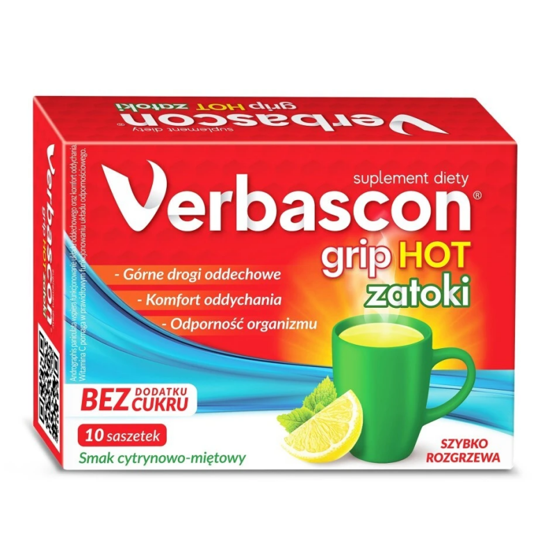 Verbascon Grip Hot Zatoki saszetki z proszkiem o smaku cytrynowo-miętowym, 10 szt.